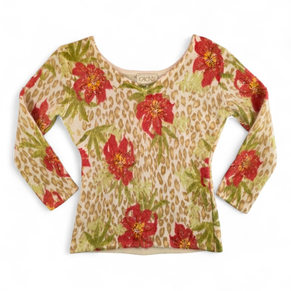 Vintage Y2K Cache Leopard Floral Angora Rabbit V-Neck Sweater XS Sequin Beaded